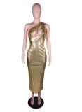 Summer Leather Golden Sexy Cut Out One Shoulder Long Party Dress