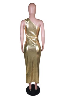 Summer Leather Golden Sexy Cut Out One Shoulder Long Party Dress