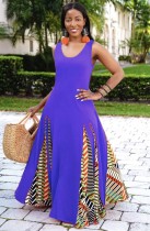 Summer Purple Sleeveless O-Neck Patch African Long Dress