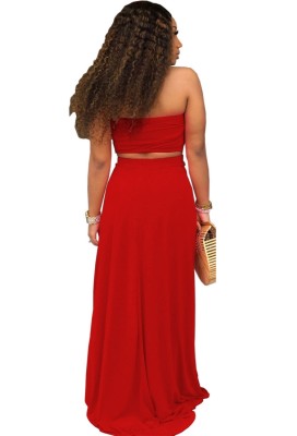Summer Two Piece Matching Red Bandeau Top and Long Skirt Set