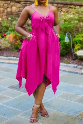 Summer Plus Size Pink Knotted Strap Irregular Dress