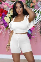 Summer Solid Color Two Piece Bodycon Crop Top and Shorts Set