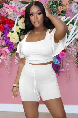 Summer Solid Color Two Piece Bodycon Crop Top and Shorts Set