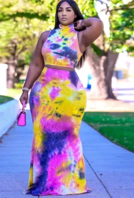 Summer Plus Size Tie Dye Crop Top and Long Skirt Set