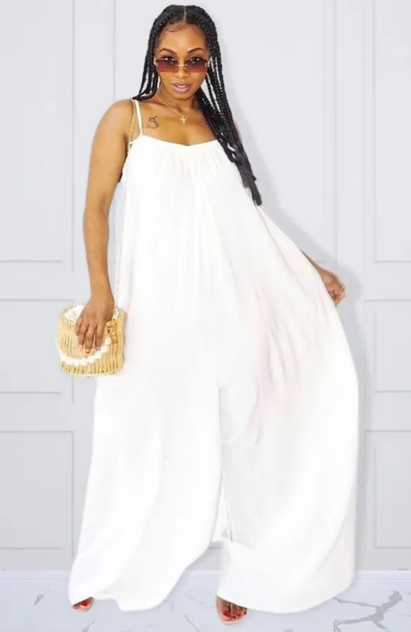 Summer Plus Size White Strap Loose Jumpsuit