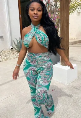 Summer Print Retro Matching Wrap Crop Top and Pants Set