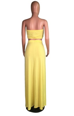 Summer Two Piece Matching Yellow Bandeau Top and Long Skirt Set