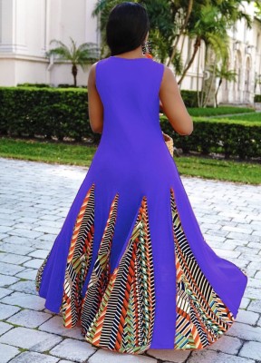 Summer Purple Sleeveless O-Neck Patch African Long Dress