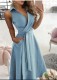 Summer Elegant Solid Wrap Skater Dress with Belt