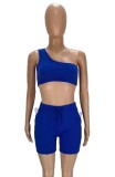 Summer Casual Matching 2pc Solid One Shoulder Crop Top and Shorts Set