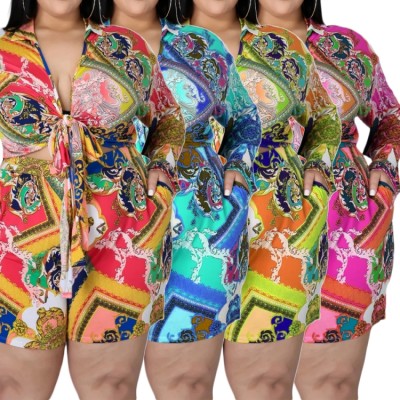Summer Plus Size Print Long Sleeve Knotted Blouse and Matching Shorts 2PC Set