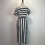 Summer Party Sexy Slash Shoulder Irrgular Stripes Dress