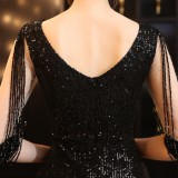 Summer Formal Sequins O-Neck Mermaid Evening Dress with Fringe Sleeves