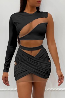 Summer Sexy Patch Single Sleeve Crop Top and Wrap Mini Skirt Set