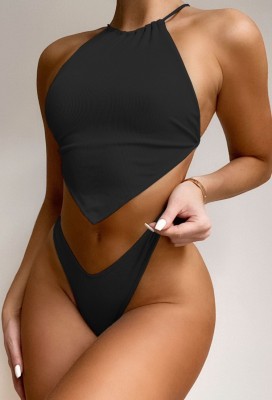 Two-Piece Solid Color Halter Swimwear