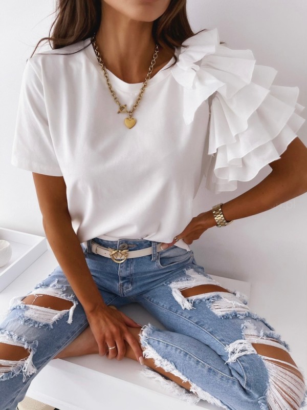 Summer Casual O-Neck Regular Shirt with Irregular Ruffle Sleeve