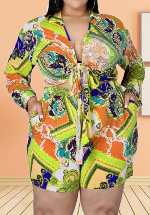 Summer Plus Size Print Long Sleeve Knotted Blouse and Matching Shorts 2PC Set