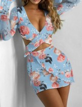 Summer Sexy Hollow Out Long Sleeve Wrap Floral Mini Dress