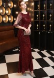 Summer Formal Sequins O-Neck Mermaid Evening Dress with Fringe Sleeves