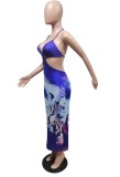Summer Tie Dye Print Sexy Hollow Out Halter Long Party Dress