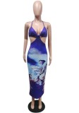 Summer Tie Dye Print Sexy Hollow Out Halter Long Party Dress