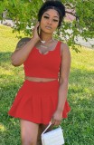 Summer Casual Red Crop Top and Pleated Mini Skirt Set