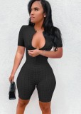 Summer Black Waffle Sexy Zipper Bodycon Rompers