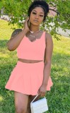 Summer Casual Pink Crop Top and Pleated Mini Skirt Set