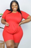 Summer Plus Size Casual Red Shirt and Shorts 2pc Set