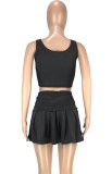 Summer Casual Black Crop Top and Pleated Mini Skirt Set