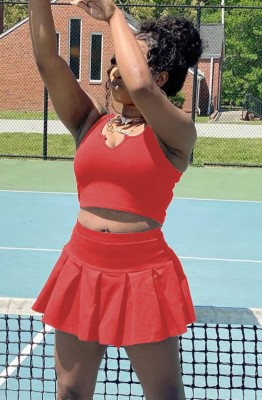 Summer Casual Red Crop Top and Pleated Mini Skirt Set