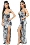 Summer Formal Tie Dye Side Slit Strap Long Evening Dress