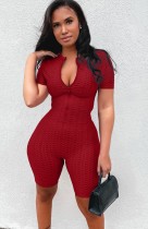 Summer Red Waffle Sexy Zipper Bodycon Rompers