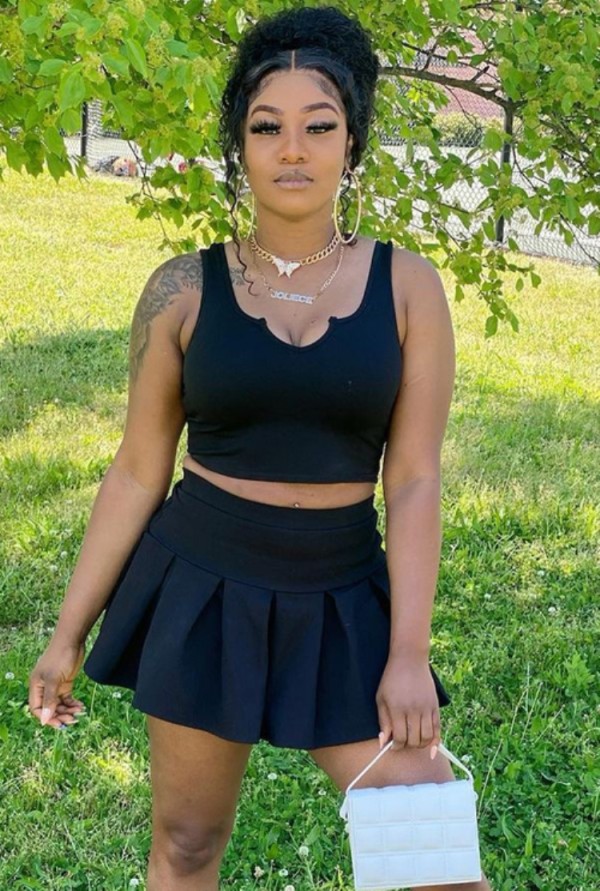 Summer Casual Black Crop Top and Pleated Mini Skirt Set