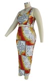 Summer Plus Size Print Sexy Crop Top and Long Skirt Set