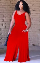 Summer Causal Red Sleeveless Loose Jumpsuit