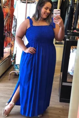 Summer Plus Size Blue Strap Side Slit Long Dress