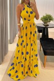 Summer Formal Yellow Polka Halter Long Evening Dress