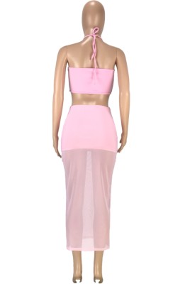 Summer Pink Sexy Halter Crop Top and Midi Skirt Set