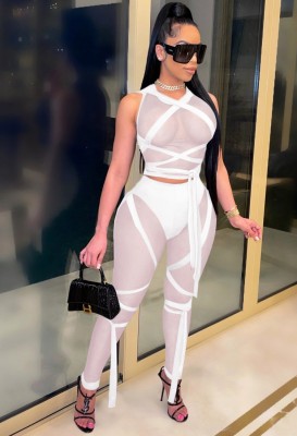 Summer White Mesh Transparent Sexy Bodycon Crop Top and Pants Set