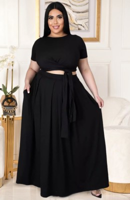 Summer Plus Size Black Crop Top and Maxi Skirt Set