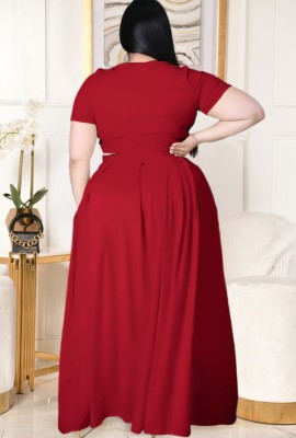Summer Plus Size Red Crop Top and Maxi Skirt Set