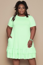 Summer Plus Size Green O-Neck Ruffles Shirt Dress