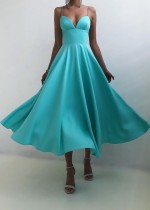 Summer Formal Blue High Waist Strap Long Prom Dress
