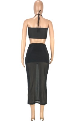 Summer Black Sexy Halter Crop Top and Midi Skirt Set