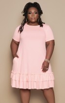 Summer Plus Size Pink O-Neck Ruffles Shirt Dress