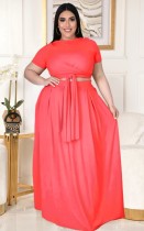 Summer Plus Size Pink Crop Top and Maxi Skirt Set