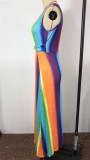 Summer Plus Size Deep-V Side Slit Sleeveless Sexy Rainbow Long Maxi Dress