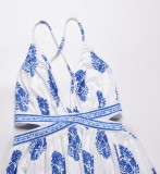 Summer Print White Side Slit Deep-V Halter Long Dress