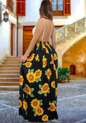 Summer Sun Flower Black Strap Long Dress